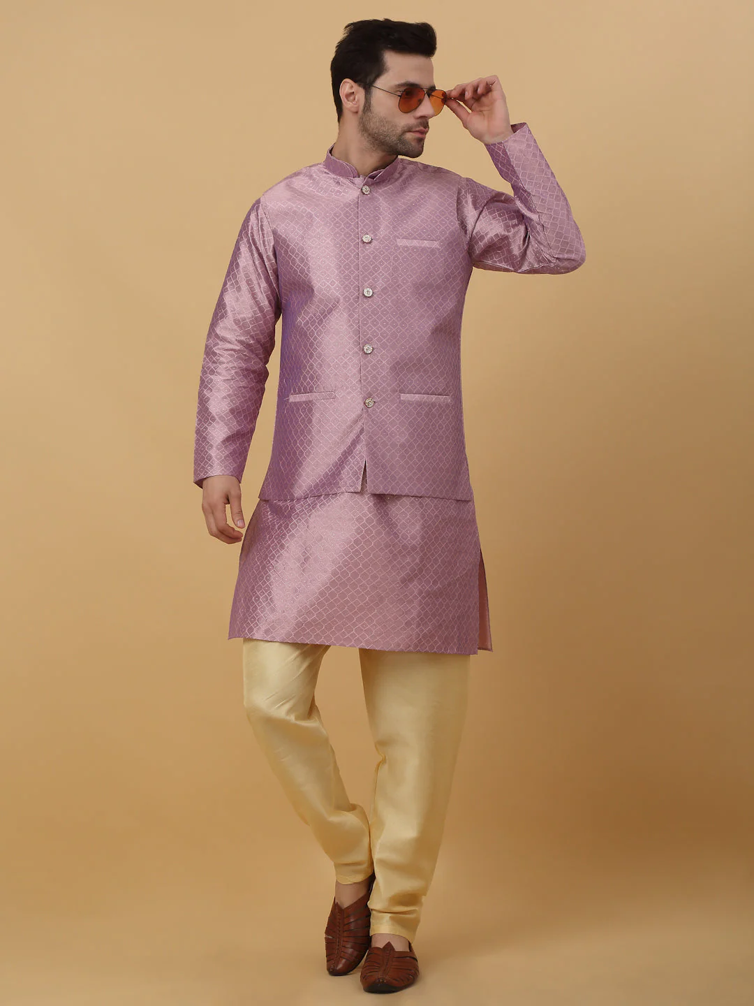 KRAFT INDIA Men's Silk Blend Jacquard Geometric Kurta and Beige Churidar with Silk Blend Jacquard Geometric Nehru Jacket Set