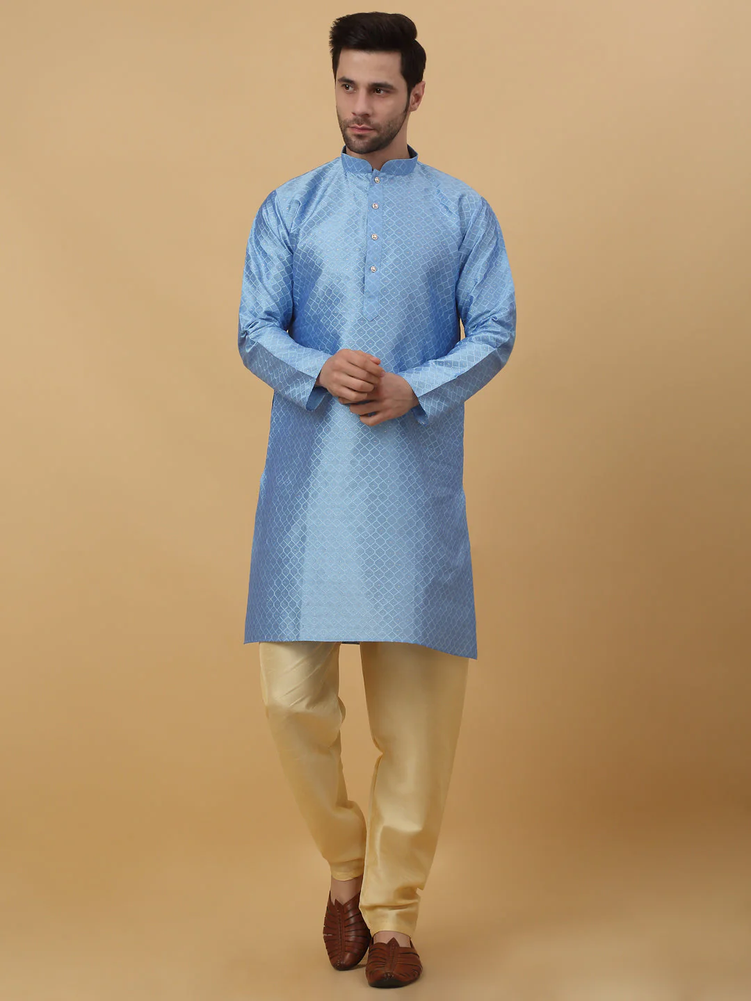 KRAFT INDIA Men's Silk Blend Jacquard Geometric Kurta and Beige Churidar with Silk Blend Jacquard Geometric Nehru Jacket Set - Image 10