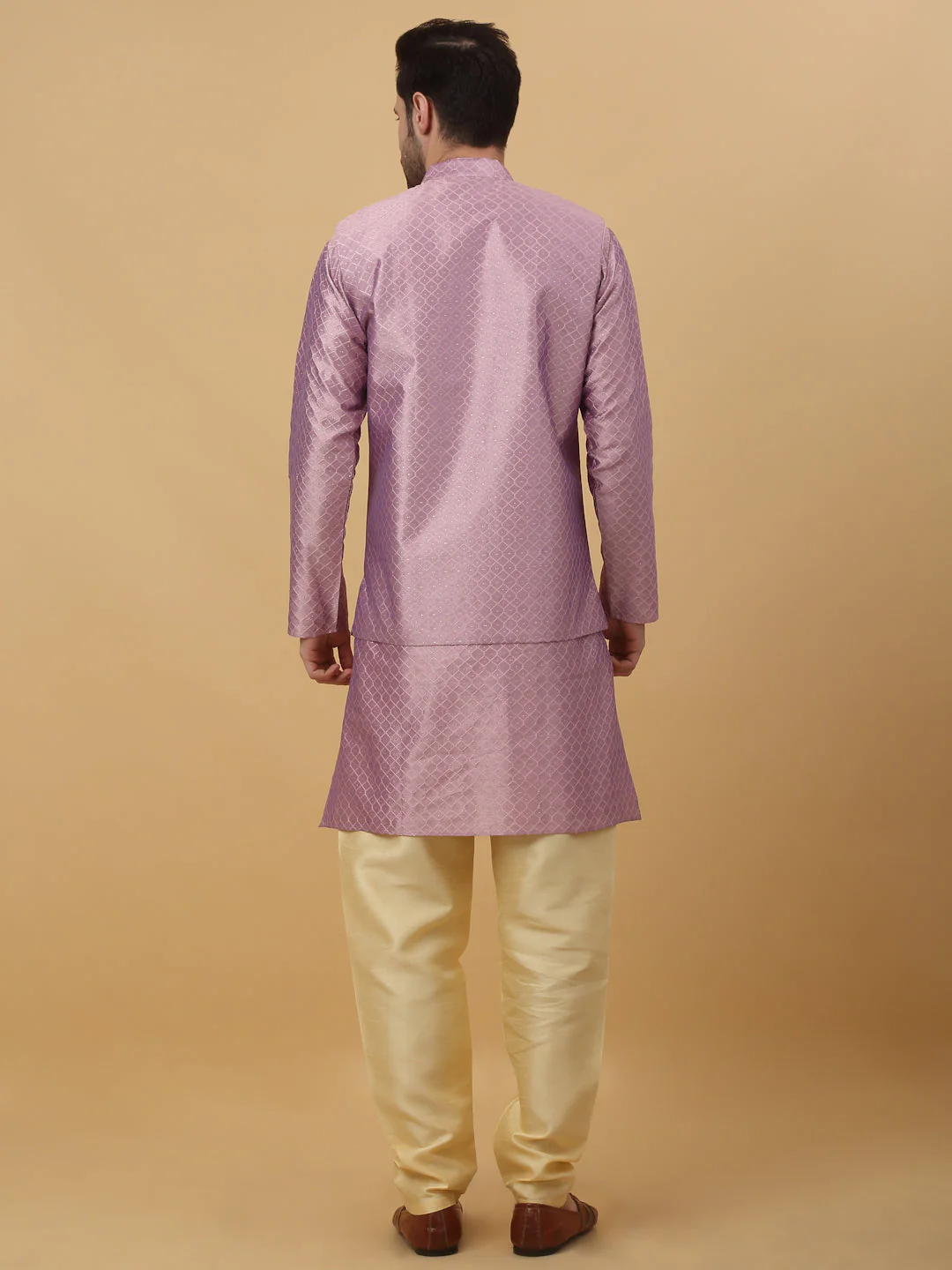 KRAFT INDIA Men's Silk Blend Jacquard Geometric Kurta and Beige Churidar with Silk Blend Jacquard Geometric Nehru Jacket Set - Image 2