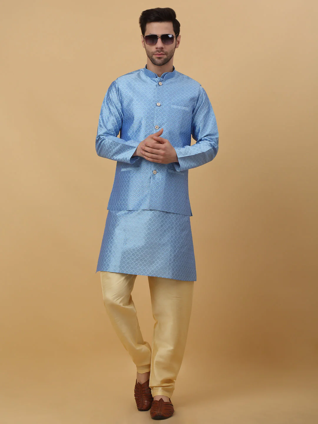 KRAFT INDIA Men's Silk Blend Jacquard Geometric Kurta and Beige Churidar with Silk Blend Jacquard Geometric Nehru Jacket Set - Image 21