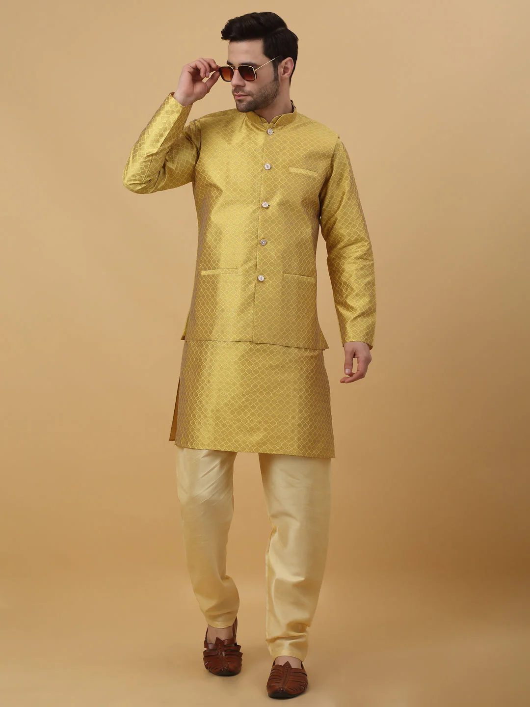 KRAFT INDIA Men's Silk Blend Jacquard Geometric Kurta and Beige Churidar with Silk Blend Jacquard Geometric Nehru Jacket Set - Image 24