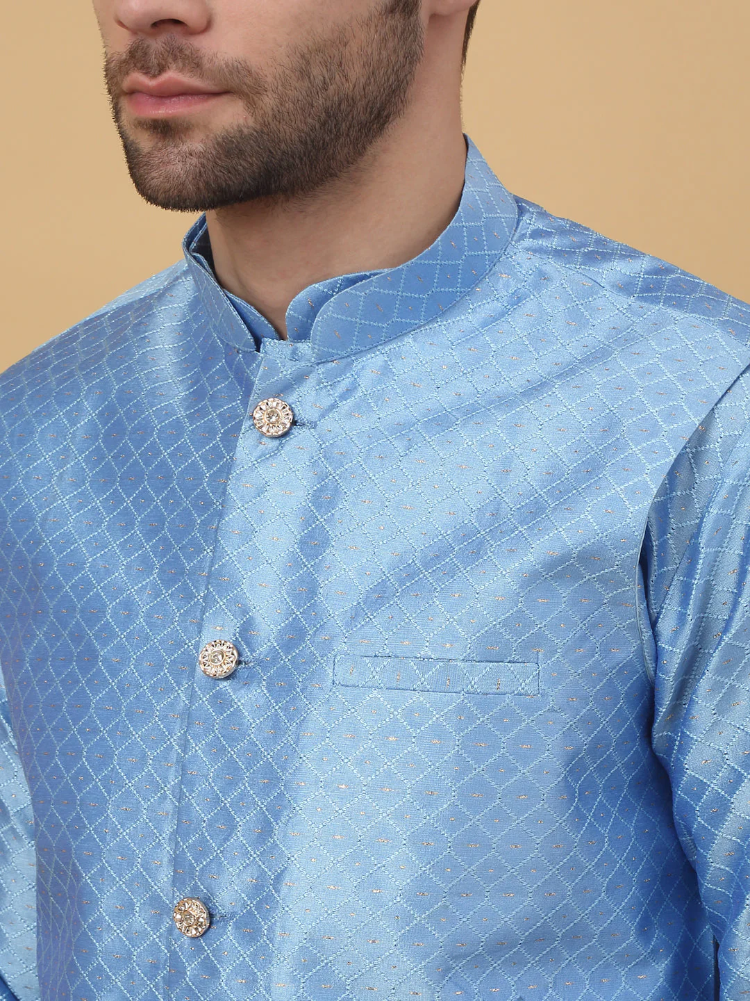 KRAFT INDIA Men's Silk Blend Jacquard Geometric Kurta and Beige Churidar with Silk Blend Jacquard Geometric Nehru Jacket Set - Image 8
