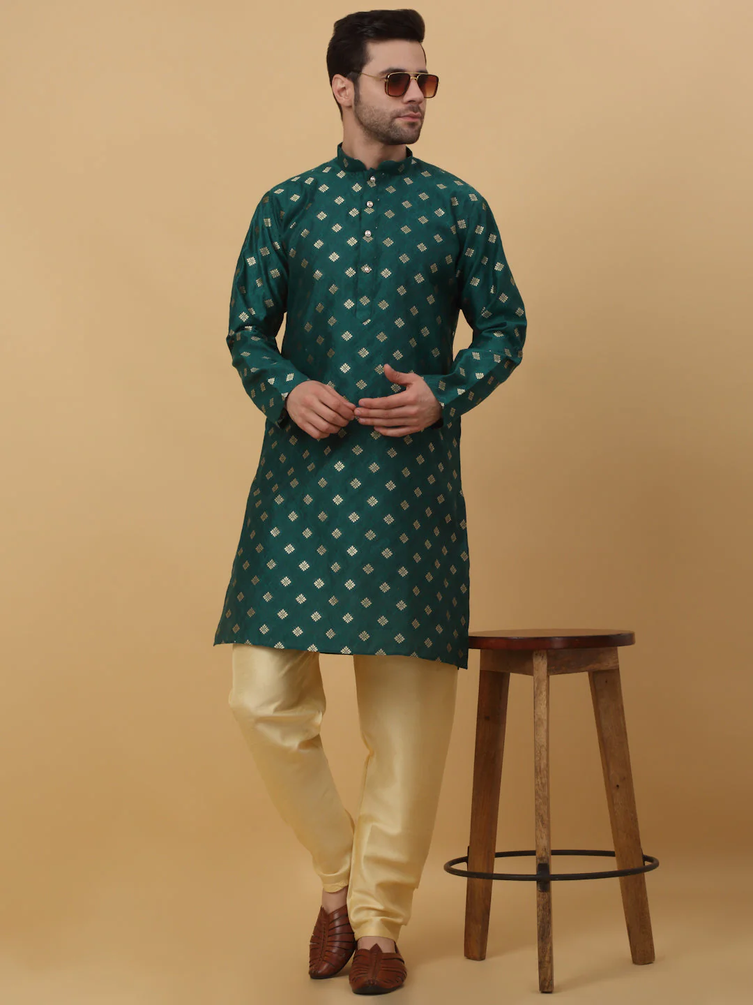 KRAFT INDIA Men's Silk Blend Jacquard Gold Print Kurta Only