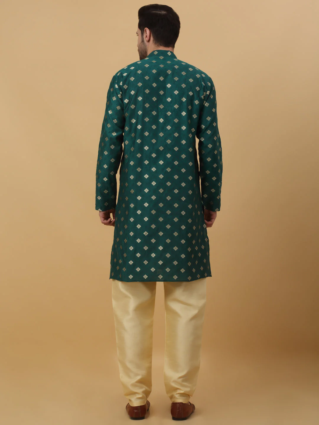 KRAFT INDIA Men's Silk Blend Jacquard Gold Print Kurta Only - Image 2