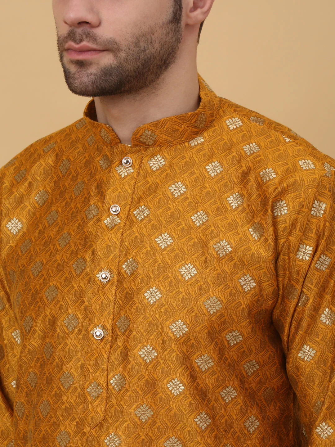 KRAFT INDIA Men's Silk Blend Jacquard Gold Print Kurta with Beige Elastic Waistband Churidar Set - Image 13
