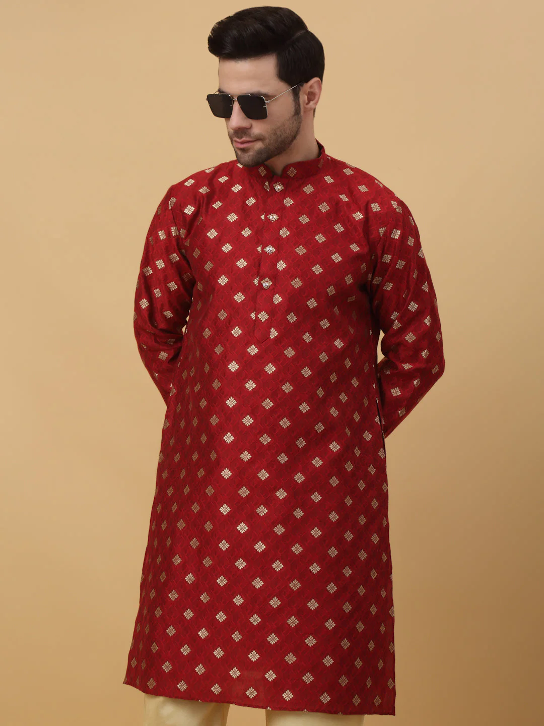 KRAFT INDIA Men's Silk Blend Jacquard Gold Print Kurta with Beige Elastic Waistband Churidar Set - Image 6