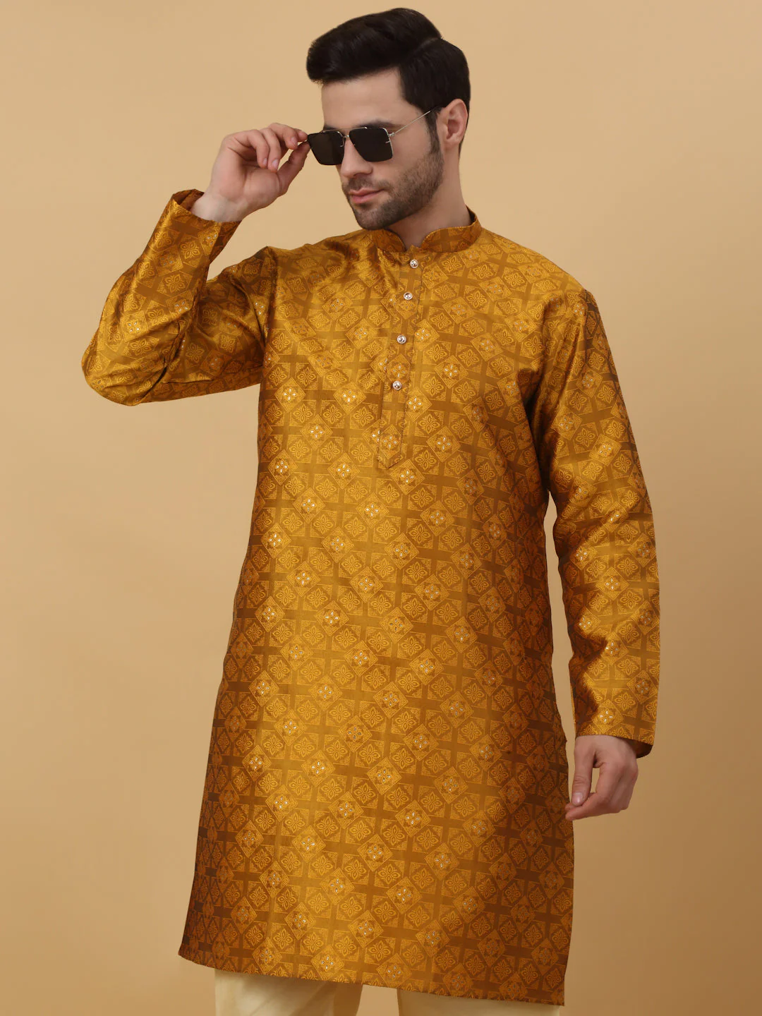 KRAFT INDIA Men's Silk Blend Jacquard Sequenced Kurta with Beige Elastic Waistband Churidar Set - Image 9