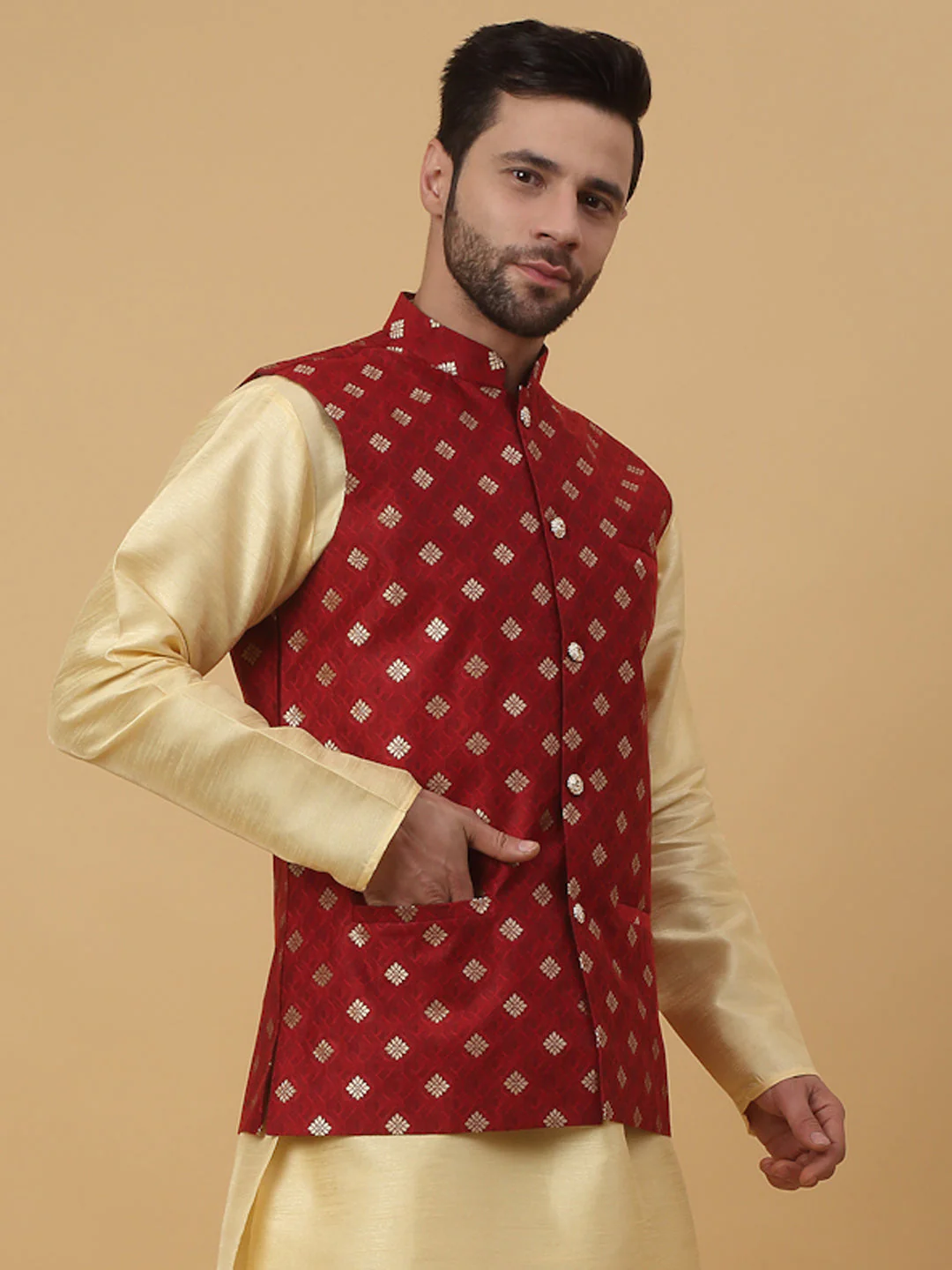KRAFT INDIA Men's Silk Blend Jacquard Sleeveless Gold Print Nehru Jacket - Image 10