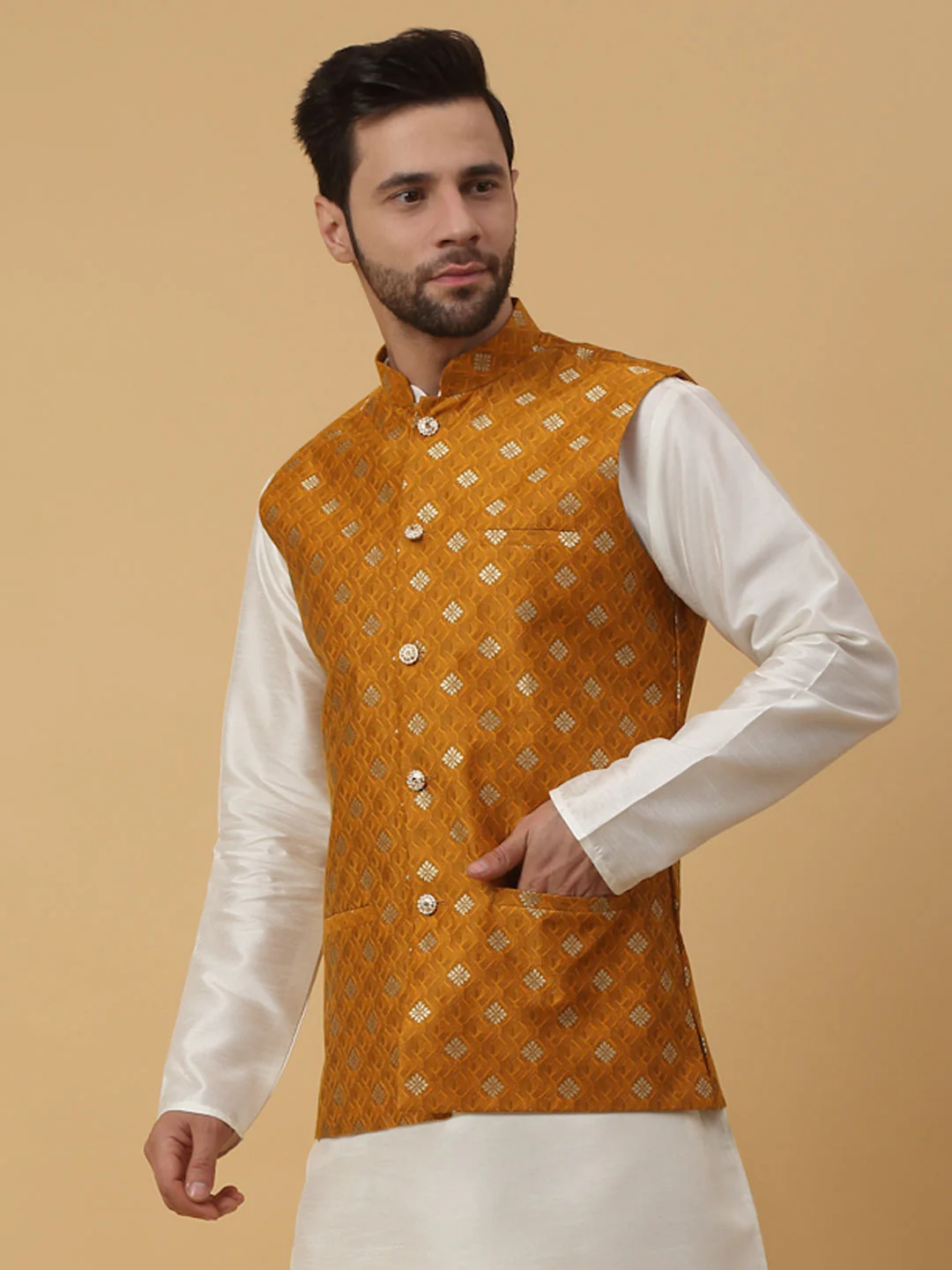 KRAFT INDIA Men's Silk Blend Jacquard Sleeveless Gold Print Nehru Jacket - Image 15