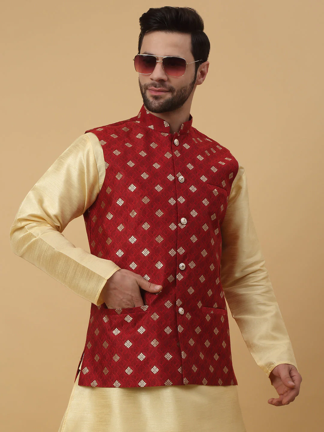KRAFT INDIA Men's Silk Blend Jacquard Sleeveless Gold Print Nehru Jacket - Image 158