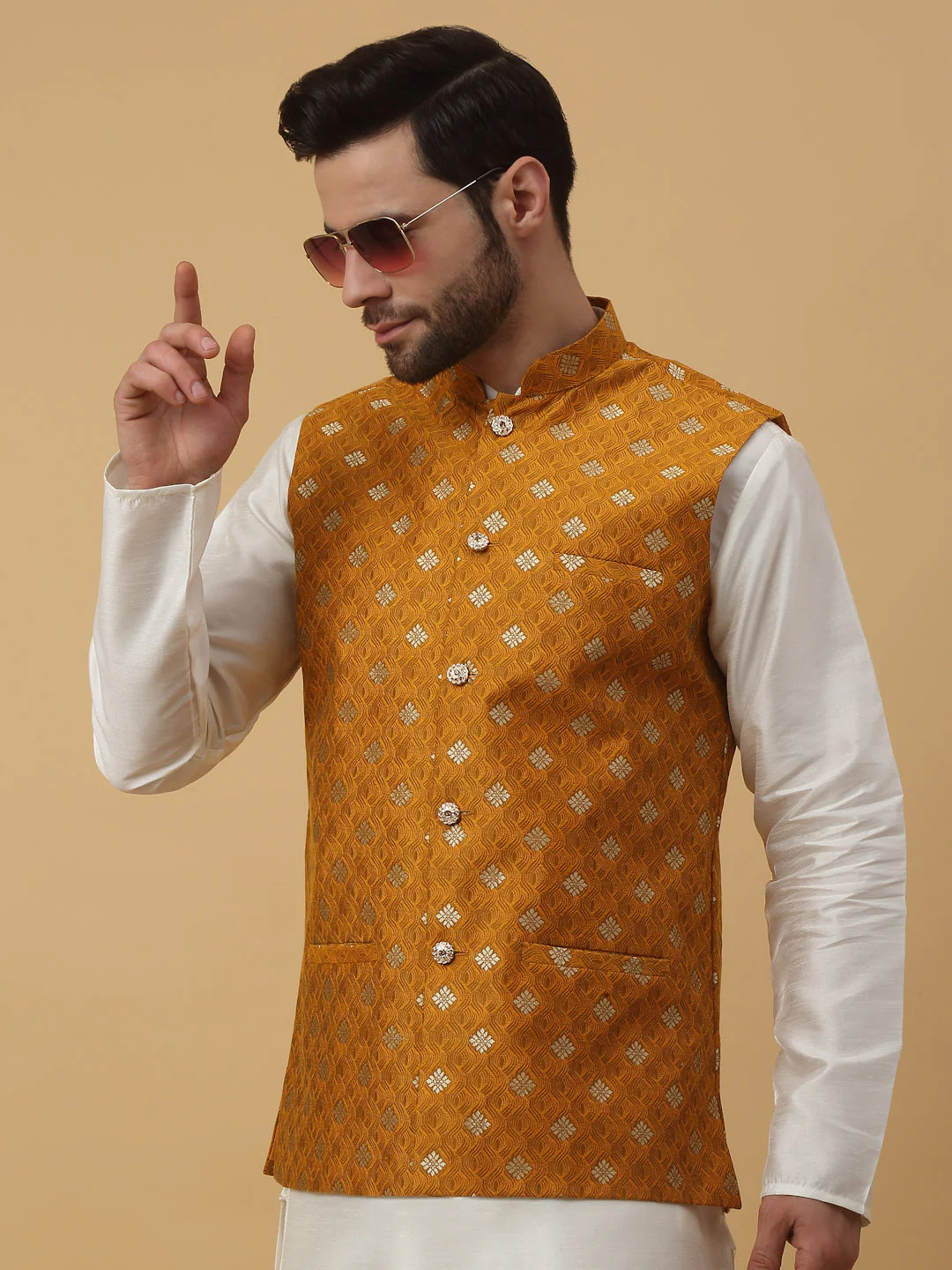 KRAFT INDIA Men's Silk Blend Jacquard Sleeveless Gold Print Nehru Jacket - Image 182
