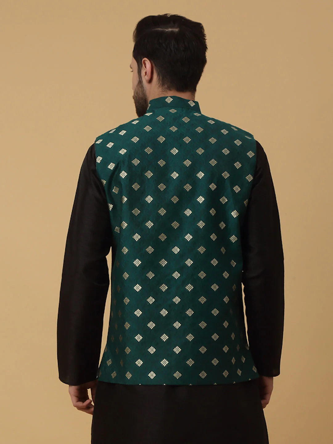 KRAFT INDIA Men's Silk Blend Jacquard Sleeveless Gold Print Nehru Jacket - Image 2