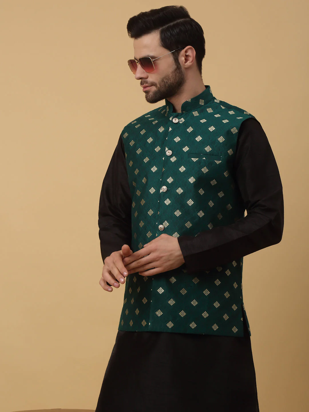 KRAFT INDIA Men's Silk Blend Jacquard Sleeveless Gold Print Nehru Jacket - Image 55
