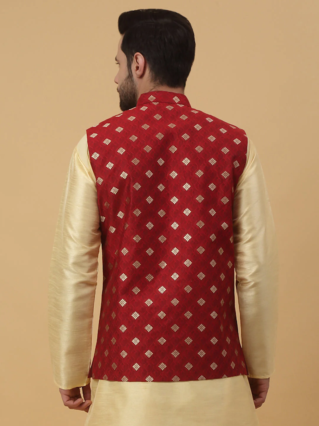KRAFT INDIA Men's Silk Blend Jacquard Sleeveless Gold Print Nehru Jacket - Image 7