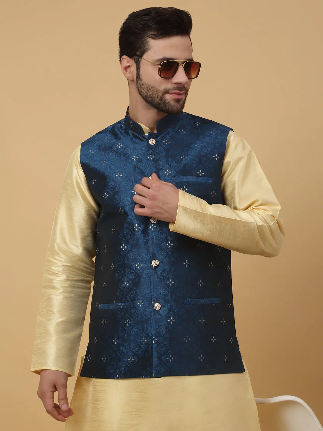 KRAFT INDIA Men's Silk Blend Jacquard Sleeveless Sequenced Nehru Jacket - Image 176