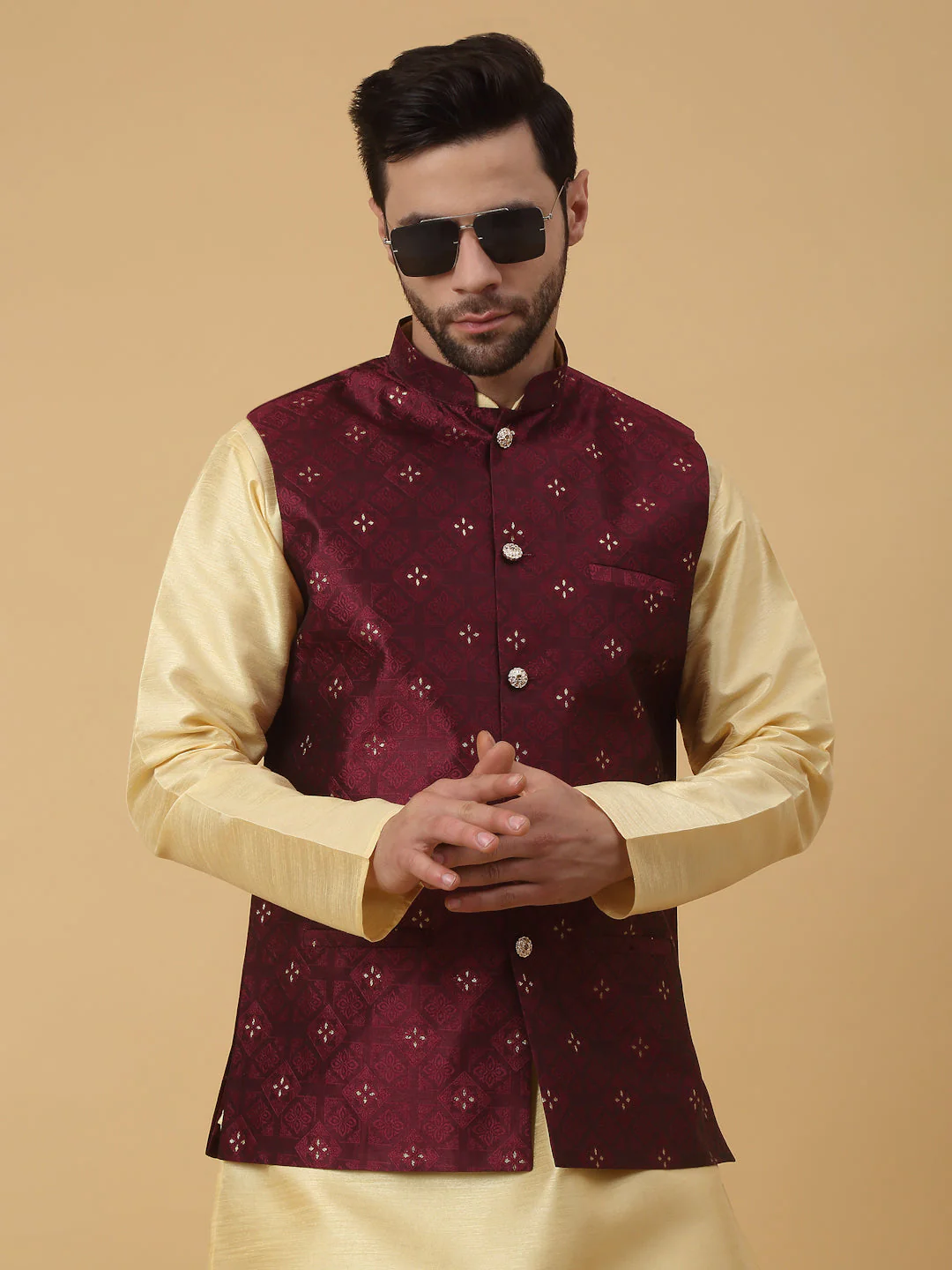 KRAFT INDIA Men's Silk Blend Jacquard Sleeveless Sequenced Nehru Jacket - Image 189