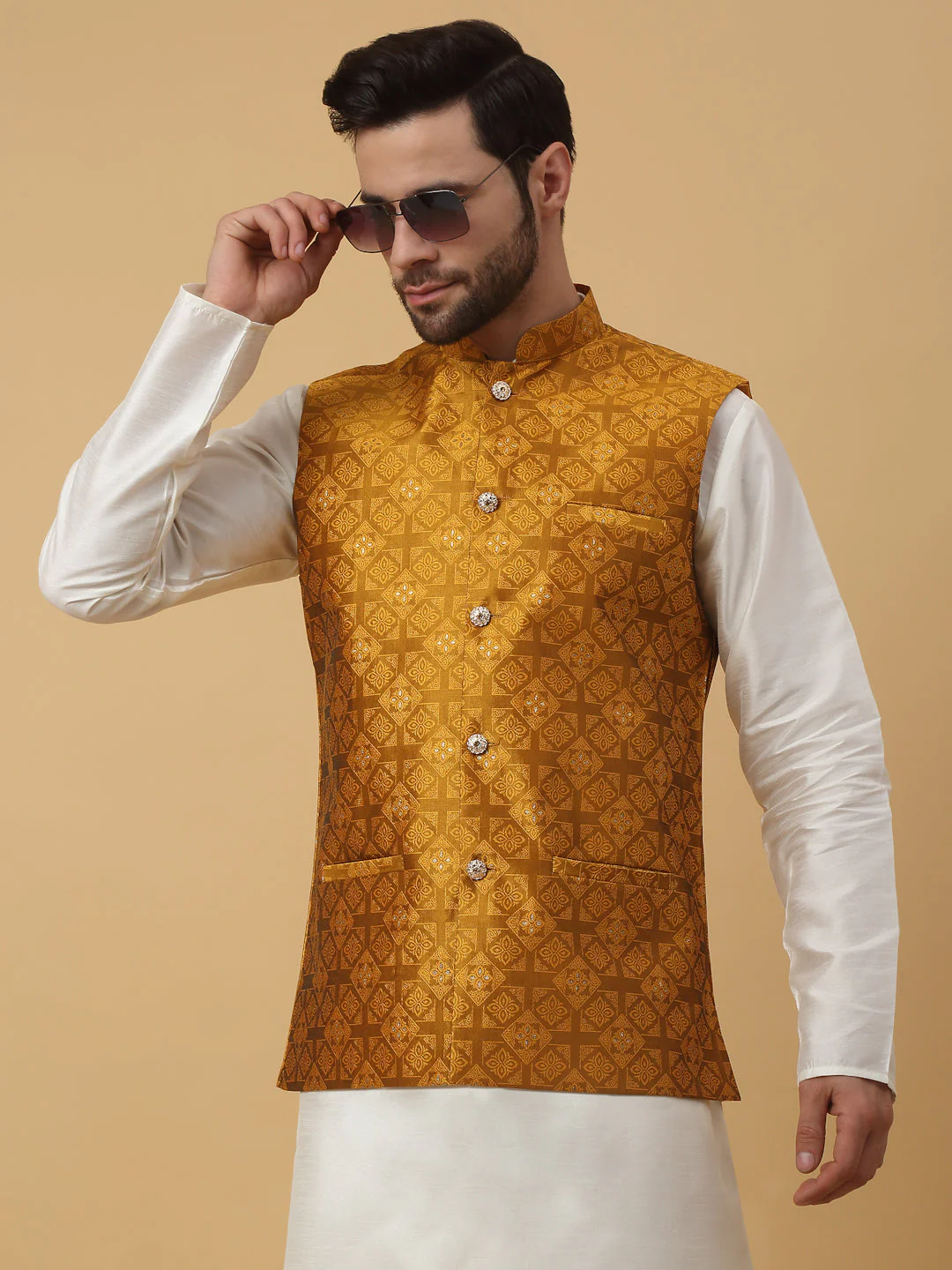 KRAFT INDIA Men's Silk Blend Jacquard Sleeveless Sequenced Nehru Jacket - Image 56