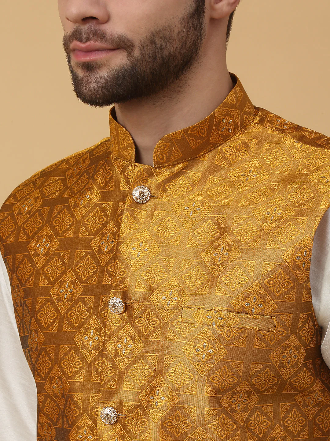KRAFT INDIA Men's Silk Blend Jacquard Sleeveless Sequenced Nehru Jacket - Image 8