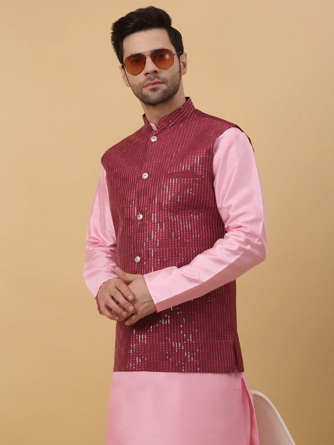 KRAFT INDIA Men's Silk Blend Kurta, Churidar With Cotton Silk Sequenced Embroided Maroon Nehru Jacket set - Image 10