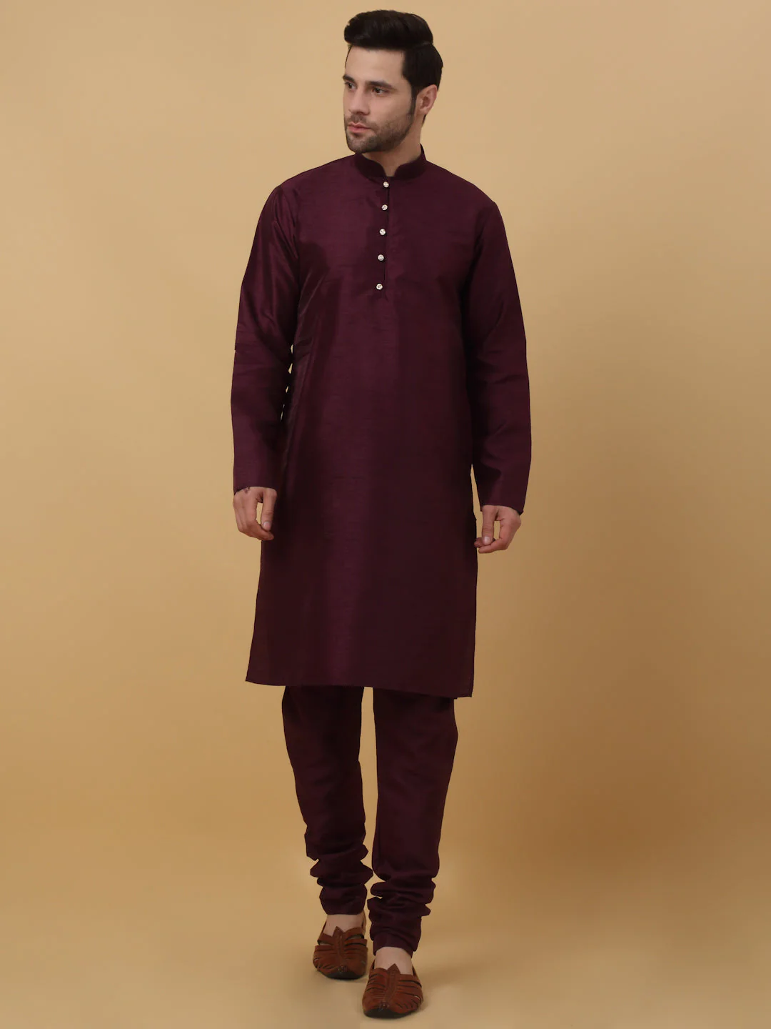 KRAFT INDIA Men's Silk Blend Kurta, Churidar With Cotton Silk Sequenced Embroided Maroon Nehru Jacket set - Image 4