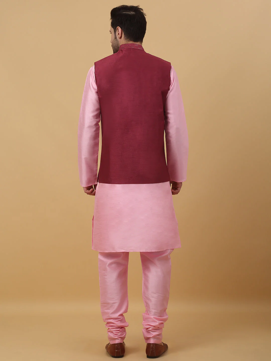 KRAFT INDIA Men's Silk Blend Kurta, Churidar With Cotton Silk Sequenced Embroided Maroon Nehru Jacket set - Image 7