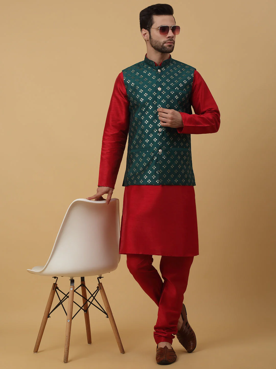 KRAFT INDIA Men's Silk Blend Maroon Kurta, Churidar with Cotton Silk Embroided Sequenced Nehru Jacket Set - Image 118