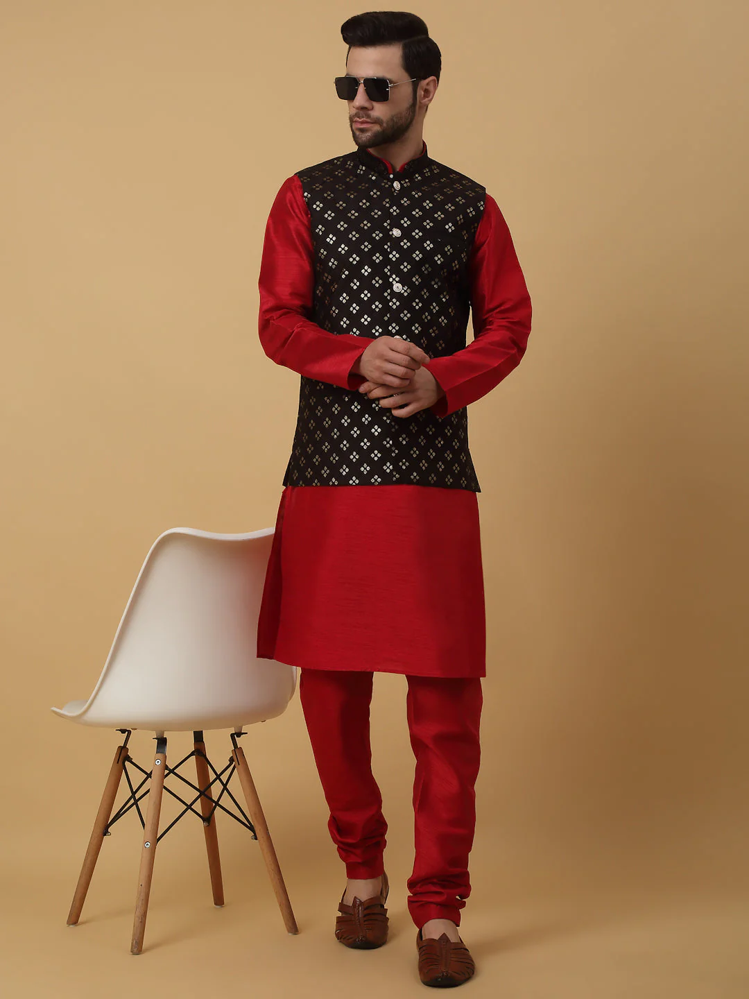 KRAFT INDIA Men's Silk Blend Maroon Kurta, Churidar with Cotton Silk Embroided Sequenced Nehru Jacket Set - Image 34