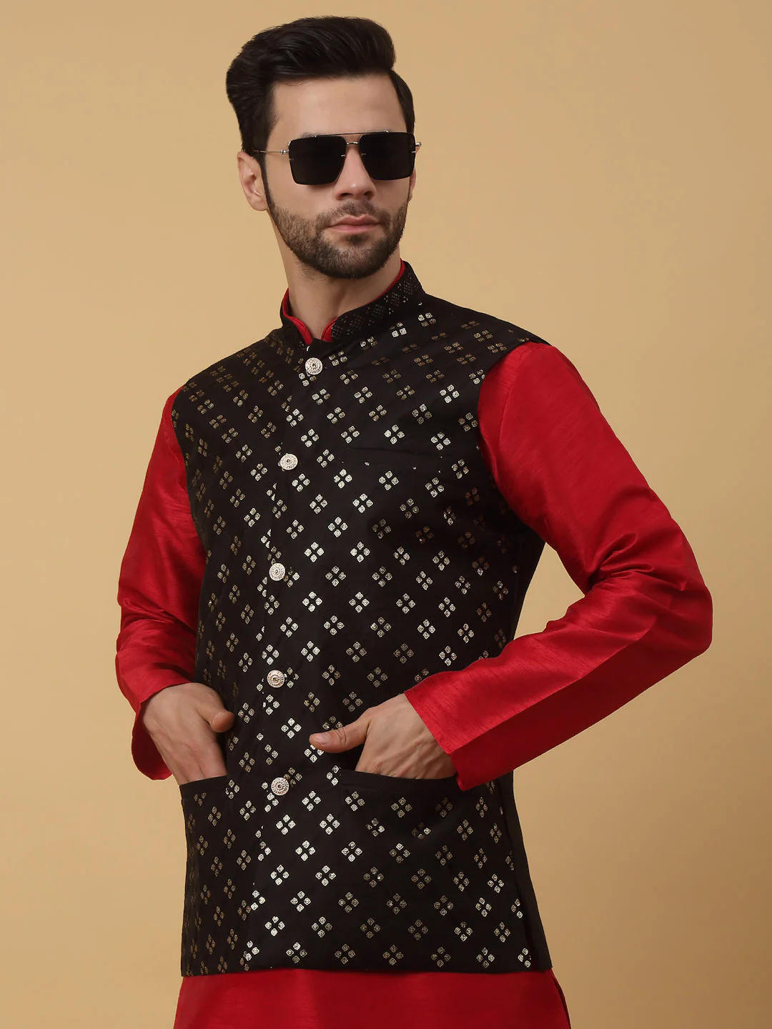 KRAFT INDIA Men's Silk Blend Maroon Kurta, Churidar with Cotton Silk Embroided Sequenced Nehru Jacket Set - Image 4