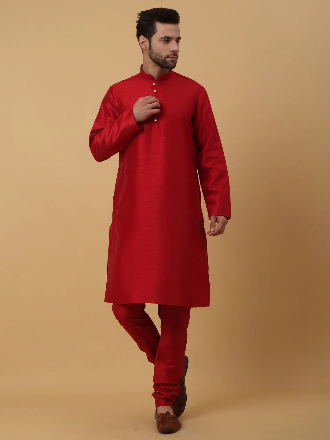KRAFT INDIA Men's Silk Blend Maroon Kurta, Churidar with Cotton Silk Embroided Sequenced Nehru Jacket Set - Image 7