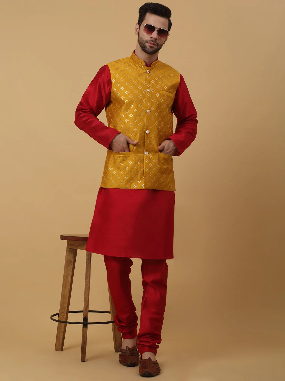 KRAFT INDIA Men's Silk Blend Maroon Kurta, Churidar with Cotton Silk Embroided Sequenced Nehru Jacket Set - Image 76
