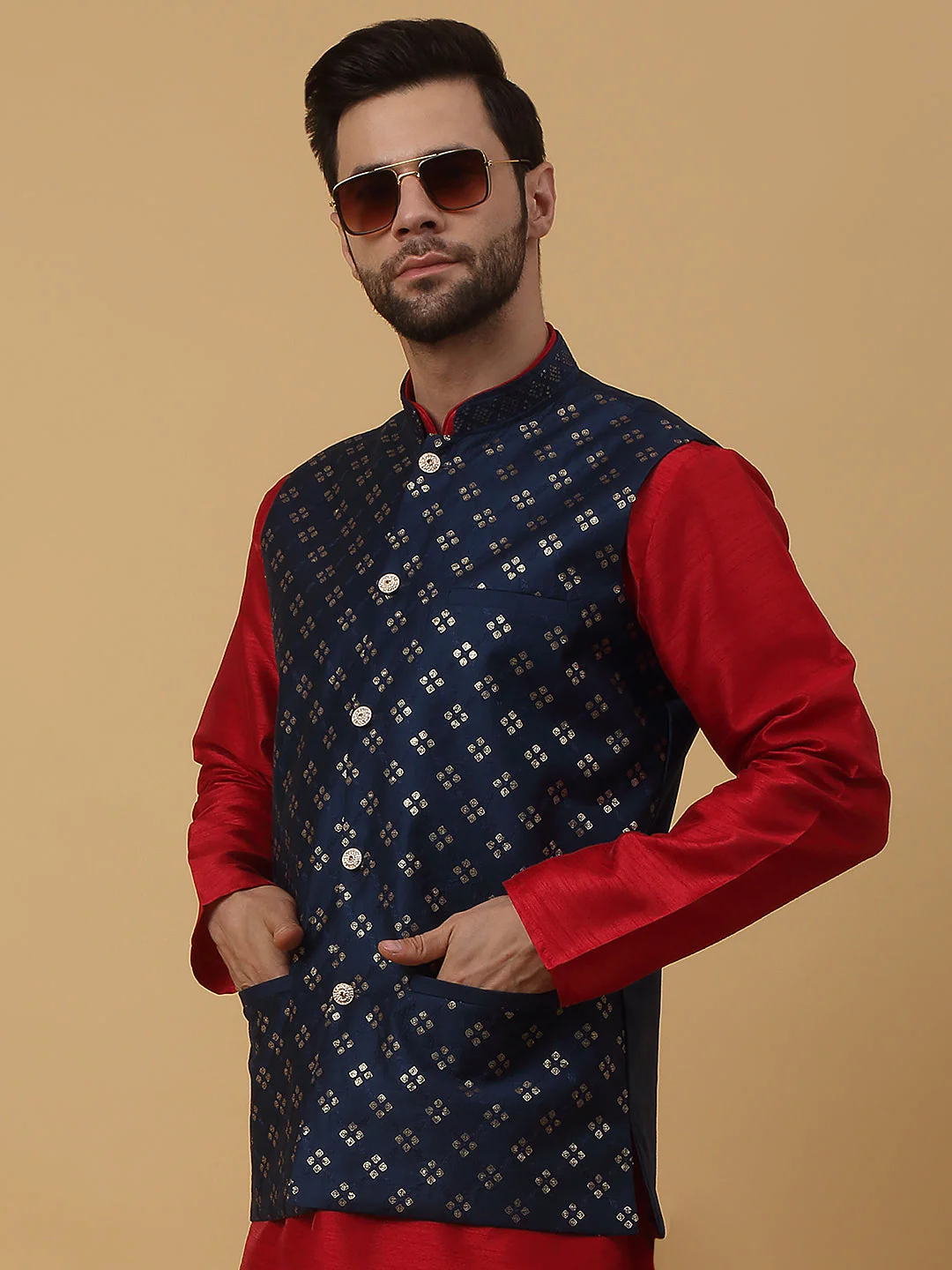 KRAFT INDIA Men's Silk Blend Maroon Kurta, Churidar with Cotton Silk Embroided Sequenced Nehru Jacket Set - Image 8