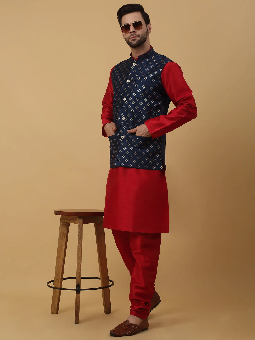 KRAFT INDIA Men's Silk Blend Maroon Kurta, Churidar with Cotton Silk Embroided Sequenced Nehru Jacket Set - Image 90