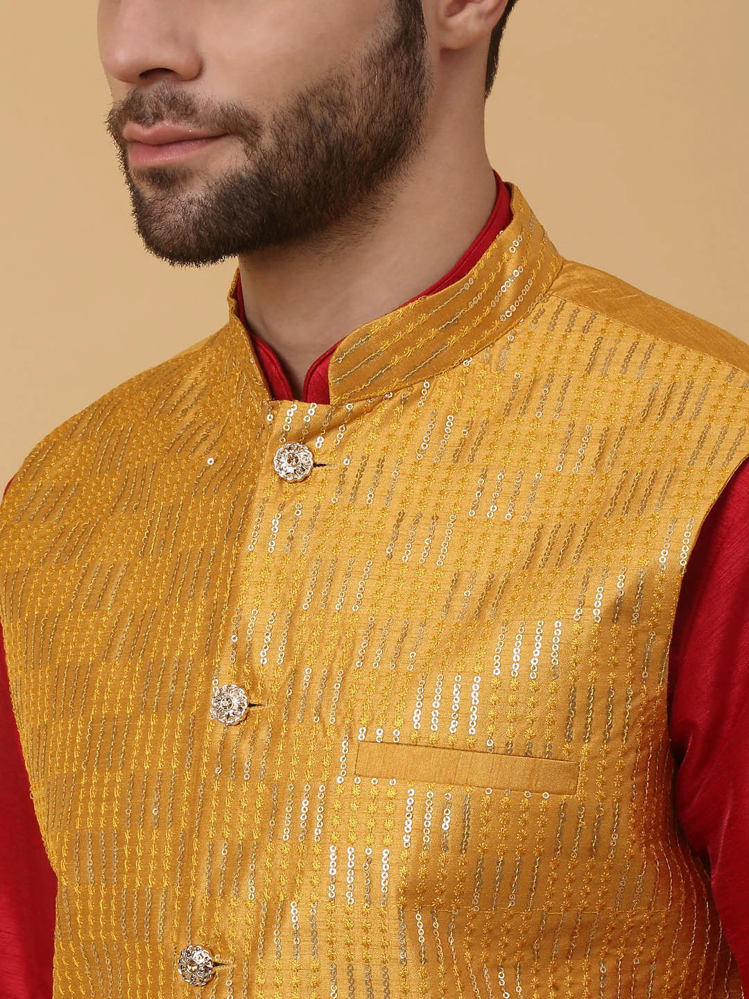 KRAFT INDIA Men's Silk Blend Maroon Kurta, Churidar With Cotton Silk Sequenced Embroided Nehru Jacket set - Image 8
