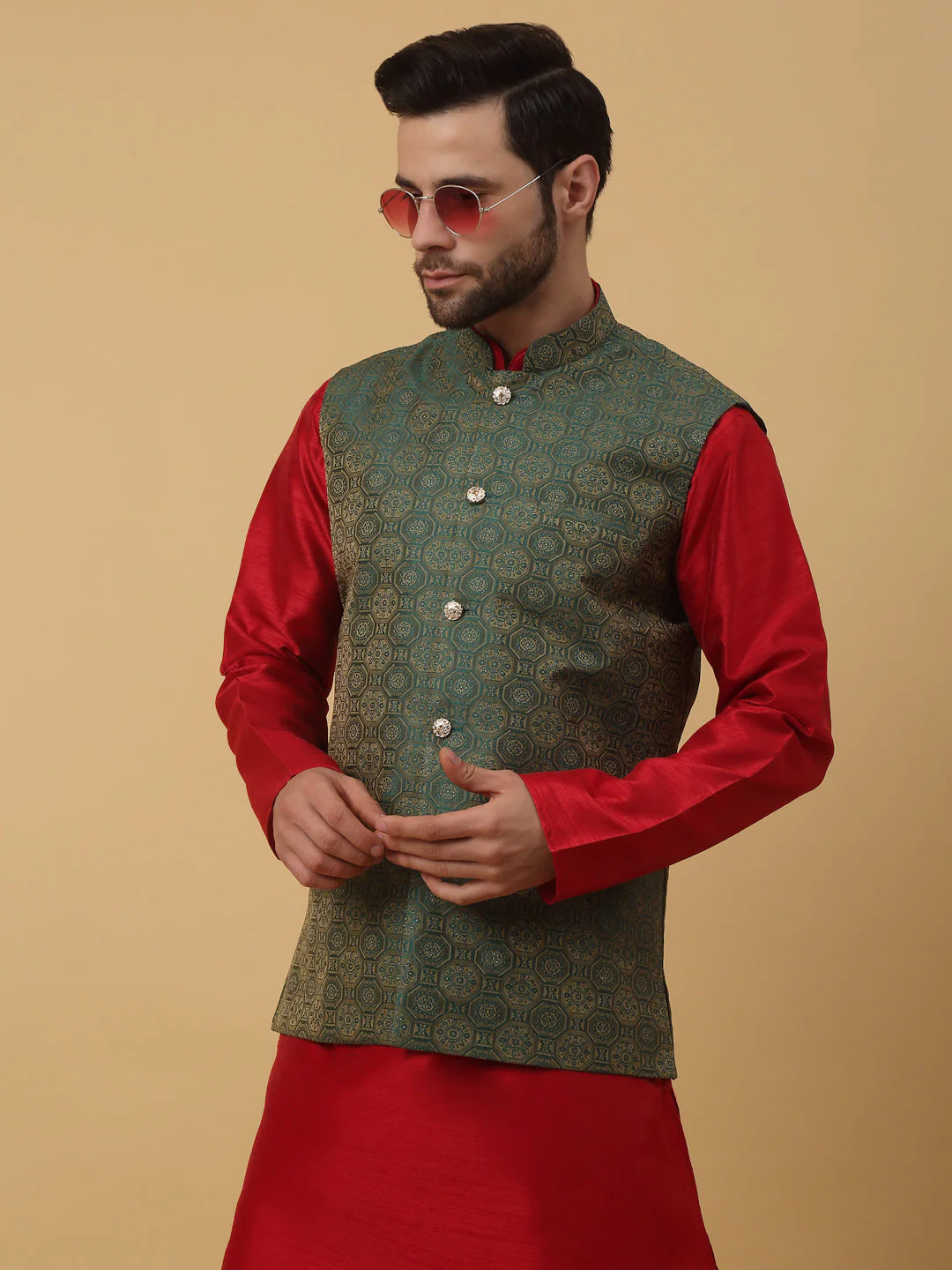 KRAFT INDIA Men's Silk Blend Maroon Kurta, Churidar with Jacquard Bandhani Silk Blend Nehru Jacket Set - Image 10