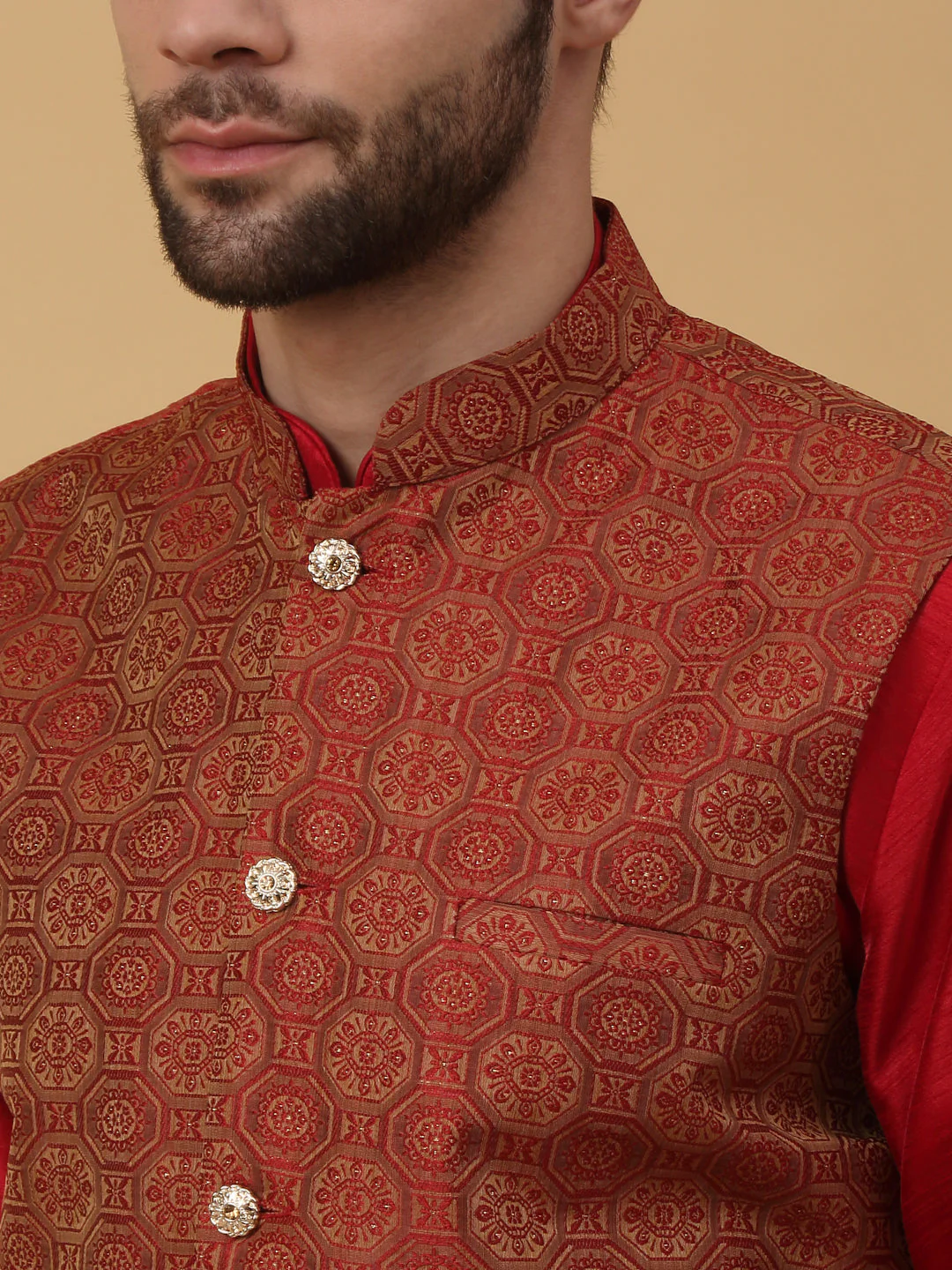 KRAFT INDIA Men's Silk Blend Maroon Kurta, Churidar with Jacquard Bandhani Silk Blend Nehru Jacket Set - Image 13