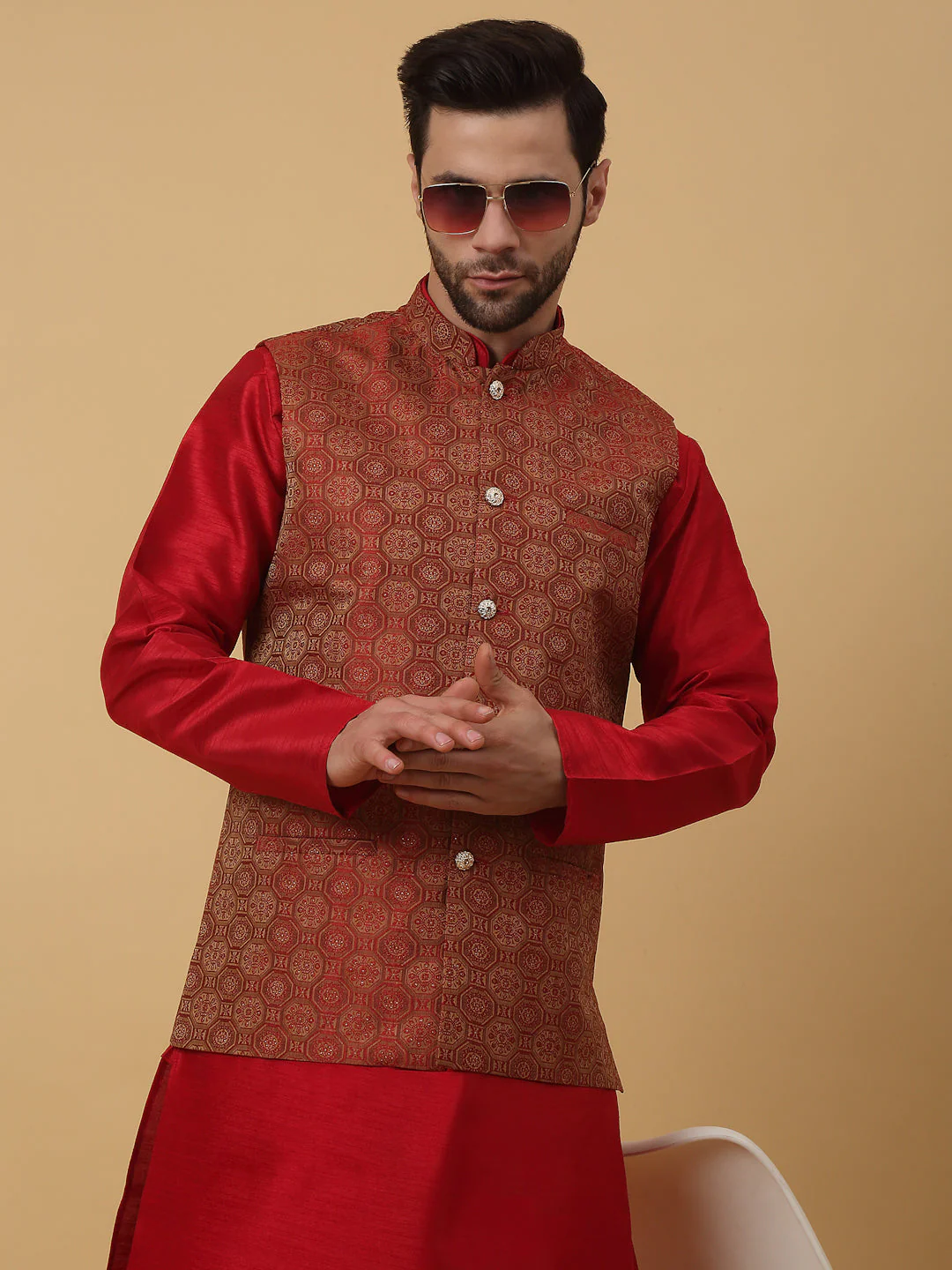 KRAFT INDIA Men's Silk Blend Maroon Kurta, Churidar with Jacquard Bandhani Silk Blend Nehru Jacket Set - Image 14