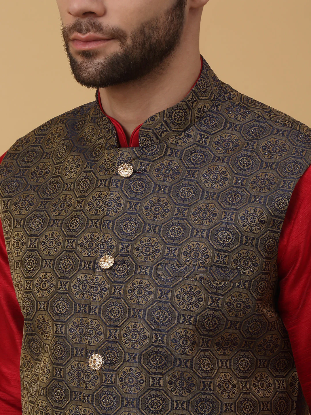 KRAFT INDIA Men's Silk Blend Maroon Kurta, Churidar with Jacquard Bandhani Silk Blend Nehru Jacket Set - Image 3