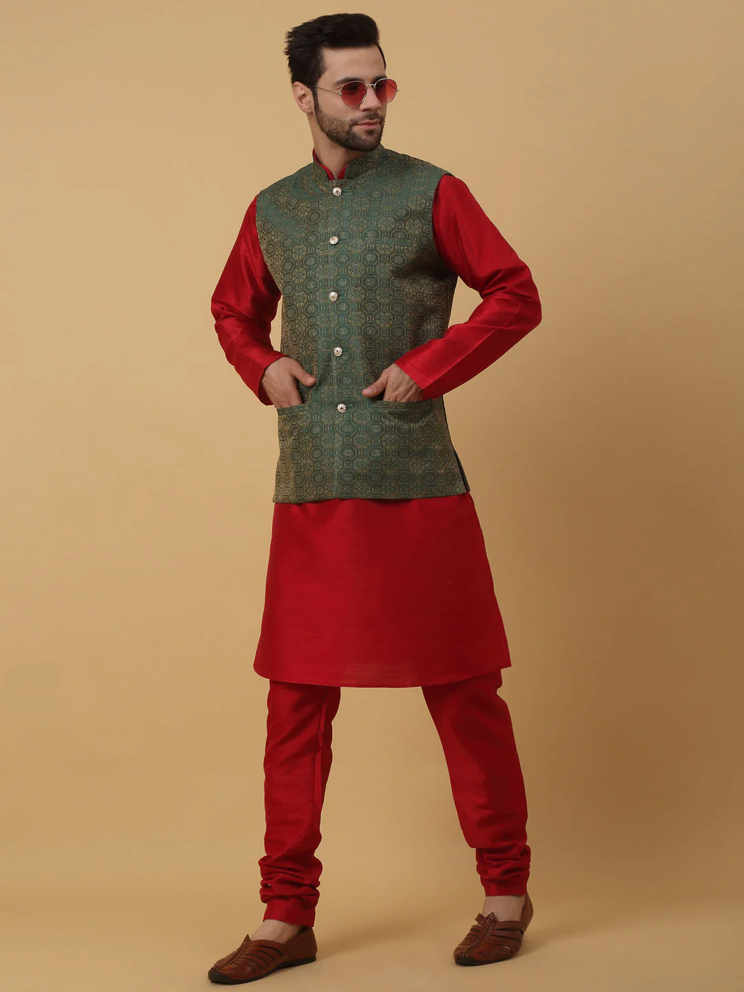 KRAFT INDIA Men's Silk Blend Maroon Kurta, Churidar with Jacquard Bandhani Silk Blend Nehru Jacket Set - Image 49