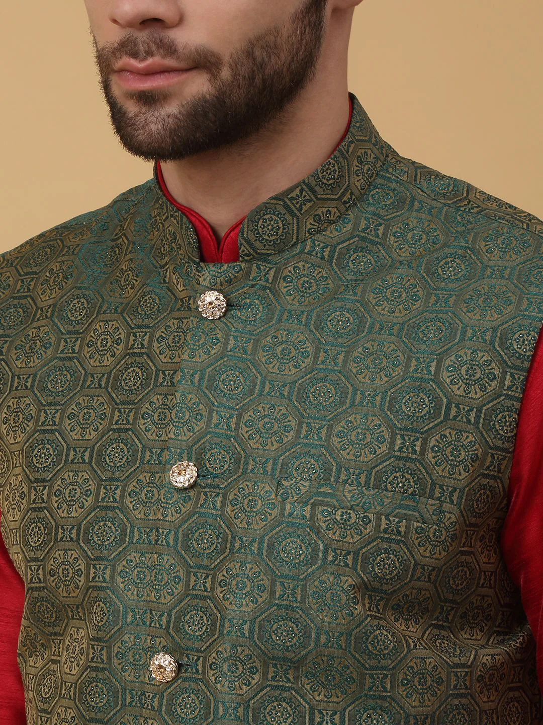 KRAFT INDIA Men's Silk Blend Maroon Kurta, Churidar with Jacquard Bandhani Silk Blend Nehru Jacket Set - Image 8