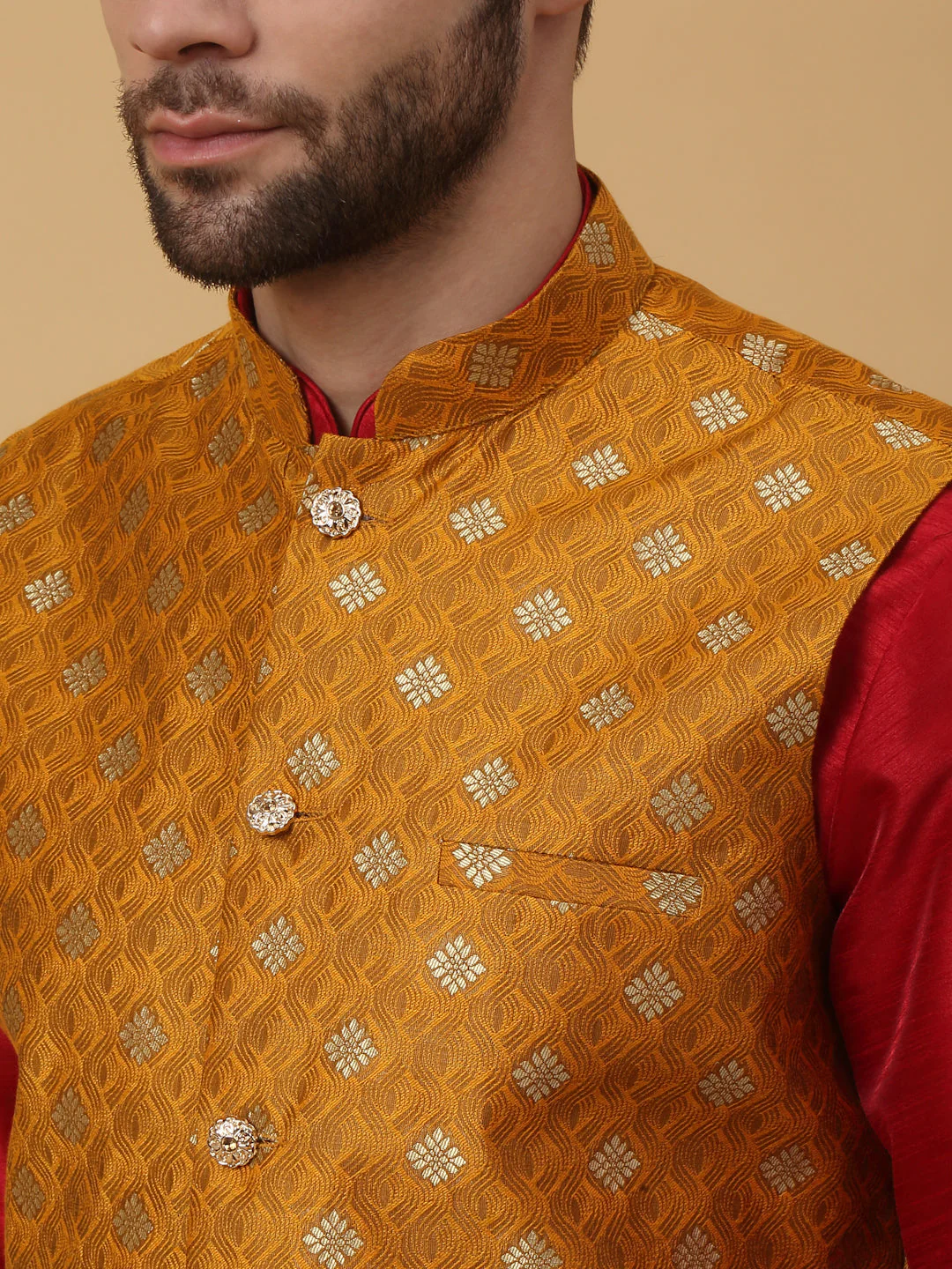 KRAFT INDIA Men's Silk Blend Maroon Kurta, Churidar with Jacquard Silk Blend Floral Print Nehru Jacket Set - Image 11