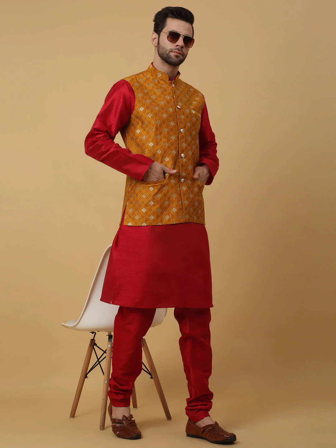KRAFT INDIA Men's Silk Blend Maroon Kurta, Churidar with Jacquard Silk Blend Floral Print Nehru Jacket Set - Image 14