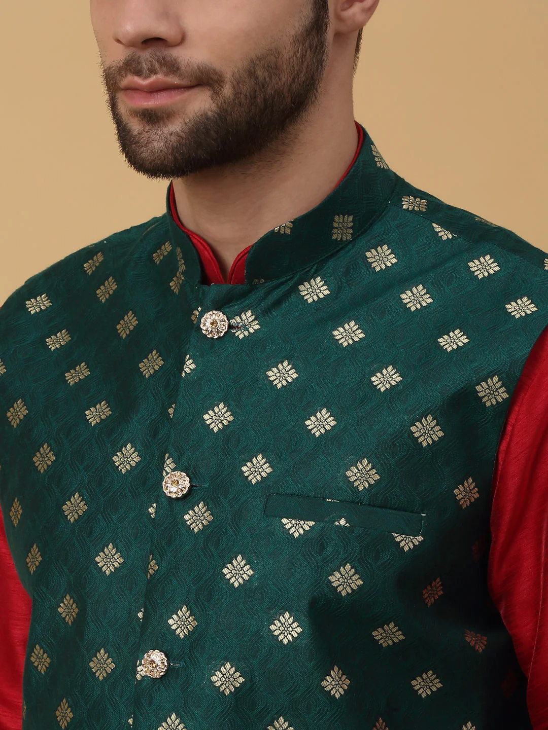 KRAFT INDIA Men's Silk Blend Maroon Kurta, Churidar with Jacquard Silk Blend Floral Print Nehru Jacket Set - Image 3