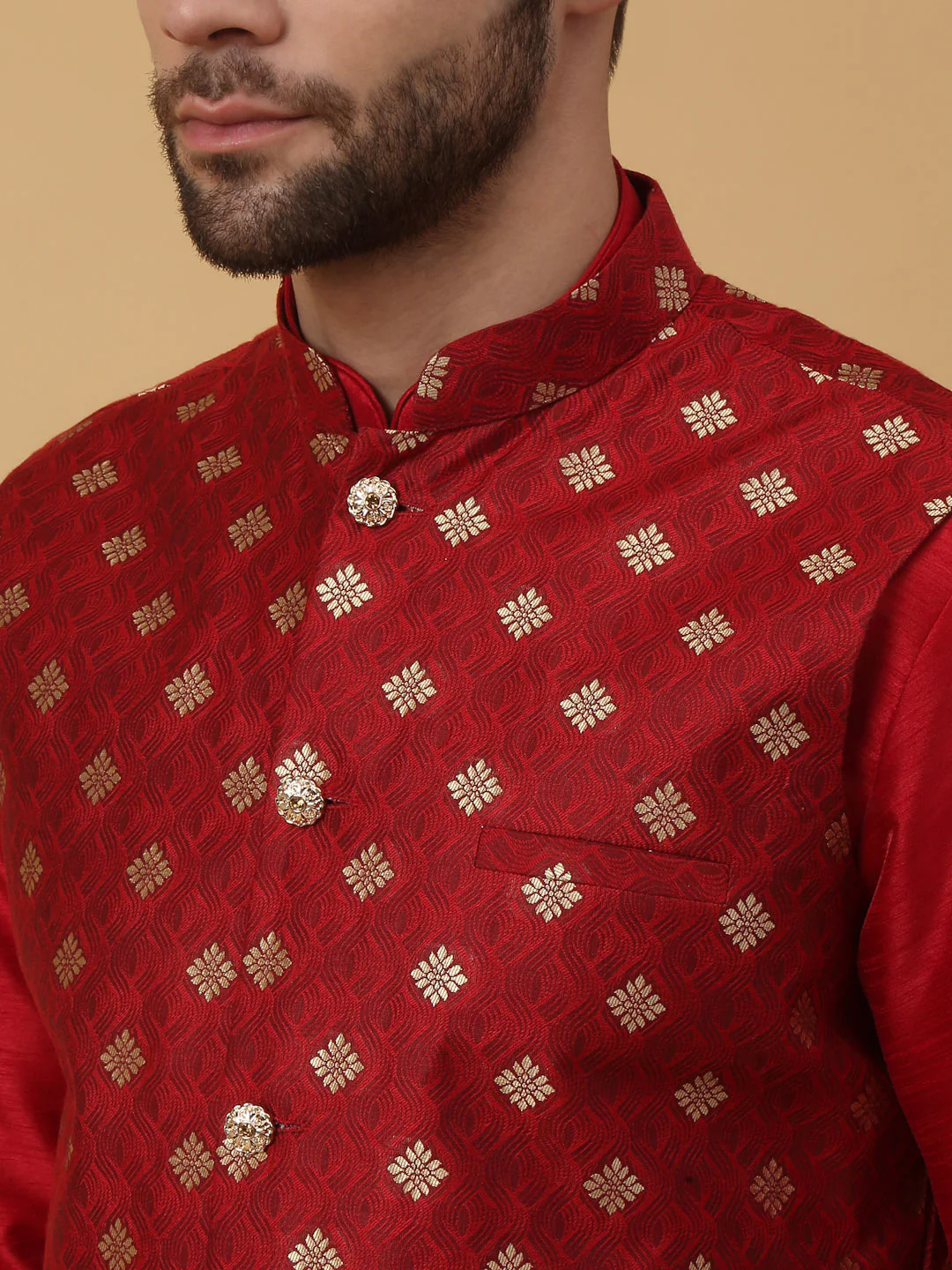 KRAFT INDIA Men's Silk Blend Maroon Kurta, Churidar with Jacquard Silk Blend Floral Print Nehru Jacket Set - Image 7