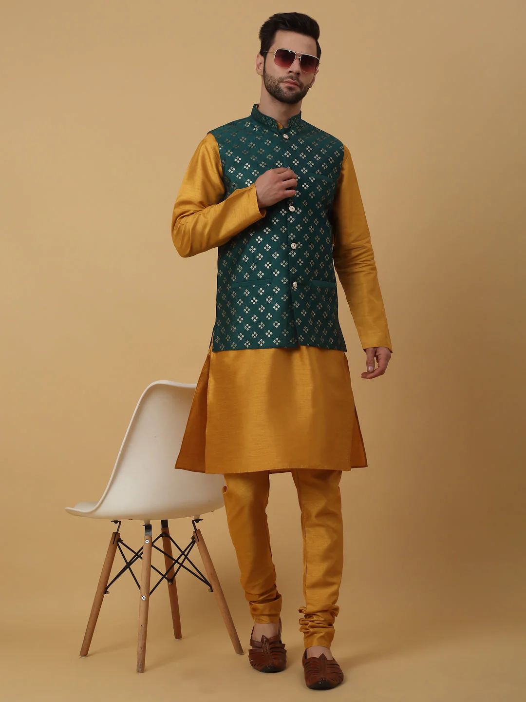 KRAFT INDIA Men's Silk Blend Mustard Kurta, Churidar with Cotton Silk Embroided Sequenced Nehru Jacket Set - Image 11
