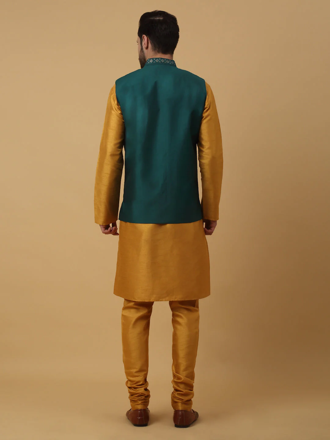 KRAFT INDIA Men's Silk Blend Mustard Kurta, Churidar with Cotton Silk Embroided Sequenced Nehru Jacket Set - Image 12