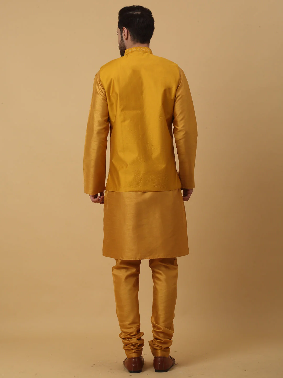KRAFT INDIA Men's Silk Blend Mustard Kurta, Churidar with Cotton Silk Embroided Sequenced Nehru Jacket Set - Image 17