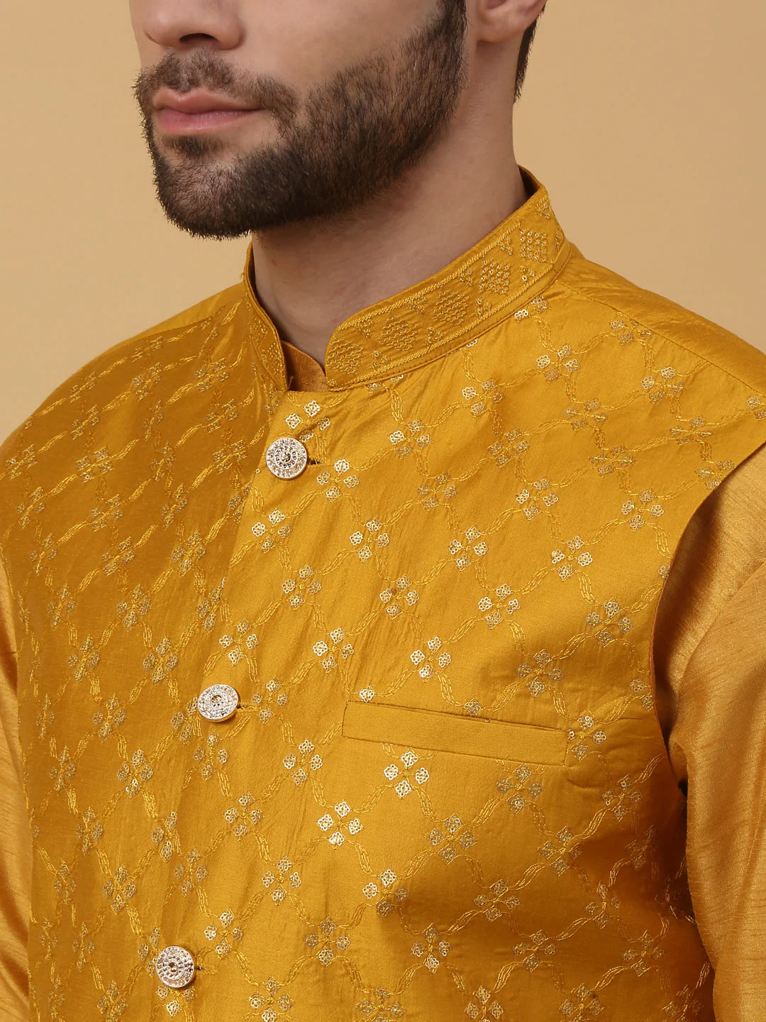 KRAFT INDIA Men's Silk Blend Mustard Kurta, Churidar with Cotton Silk Embroided Sequenced Nehru Jacket Set - Image 18