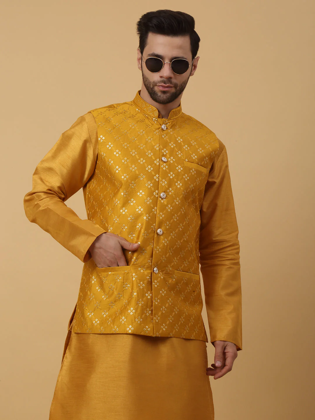 KRAFT INDIA Men's Silk Blend Mustard Kurta, Churidar with Cotton Silk Embroided Sequenced Nehru Jacket Set - Image 20