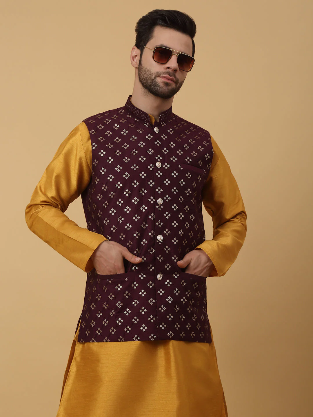 KRAFT INDIA Men's Silk Blend Mustard Kurta, Churidar with Cotton Silk Embroided Sequenced Nehru Jacket Set - Image 25