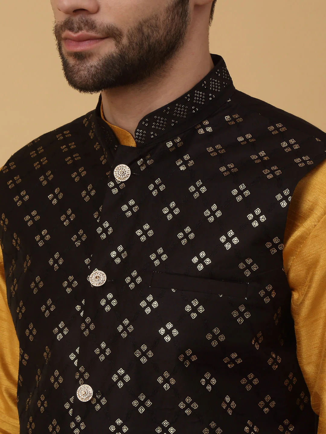 KRAFT INDIA Men's Silk Blend Mustard Kurta, Churidar with Cotton Silk Embroided Sequenced Nehru Jacket Set - Image 3